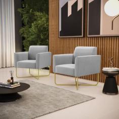 Poltrona Sala Kit 2 Marisa Aço Industrial X Dourado Suede Cinza D03 - 