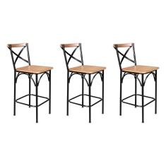 Kit 3 Banquetas Alta Industrial Paris Base Alumínio Com Encosto - Natural - Bege