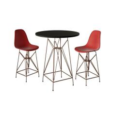 Jogo Mesa Bistrô Eames Preta 60Cm 2 Banquetas Vermelha Base Ferro Cobre - Cor: Preto