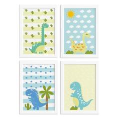 Quadros Dinossauro Baby 33x43cm Moldura Branca 4un - Quartinhos