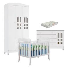 Quarto De Bebê New Selena 3 Portas Com Berço Lila E Cômoda Gran Selena Branco Brilho E Colchão Gazin – Carolina Móveis
