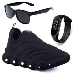 Tenis Infantil De Led Calce Facil Elastico Meninos Masculino + Oculos Relogio-Masculino