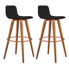 Kit 2 Banquetas Altas Luxo Versatil Aço Cobre Linho Preto Base Carvalho