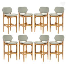 Kit 8 Banquetas Alta Estofada Rafine Madeira Maciça Castanho Linho Verde