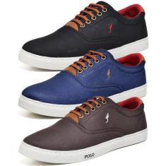 Kit 3 Pares Tênis Casual Masculino Polo Blu Conforto Macio, Preto, Azu