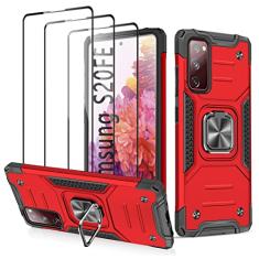 Capa para Galaxy S20 FE 4G 5G com [3 peças], protetor de tela de vidro temperado, suporte magnético de nível militar, suporte de anel magnético de camada dupla, híbrida, à prova de choque, capa