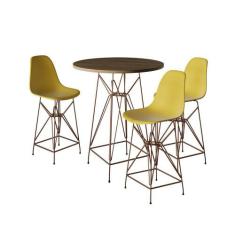 Jogo Mesa Bistrô Eames Tampo Amêndoa 60Cm 3 Banquetas Amarela Base Fer