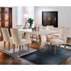 Conjunto de Mesa de Jantar com 6 Cadeiras Estofadas Maia I Veludo Off White e Creme