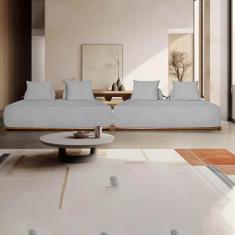 Sofá Modulado 6 Lugares com Almofadas Soltas Pés Madeira Maciça 360cm Homer Bouclê Cinza G63 - Gran Belo