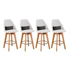 Kit 04 Banquetas Alta Maya Giratória Com Encosto Linho Bege Claro e Almofada Corino Cinza - Aurora Line