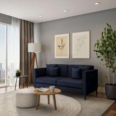 Sofá 3 Lugares Benício Base de Madeira Linho Cotton Azul Marinho.