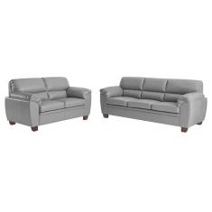 Conjunto de Sofás 2 e 3 Lugares Sala de Estar Pés Em Madeira Nauru Couro Cinza Gran Belo