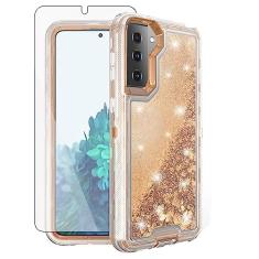 Asuwish Capa de celular para Samsung Galaxy S21 5G 6,2 polegadas com protetor de tela com glitter líquido brilhante silicone híbrido transparente proteção de grau militar capa de celular resistente S