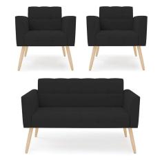 Kit 1 Sofá Namoradeira E 2 Poltronas Elisa Veludo Pés Palito Natural - D`rossi Cor Preto