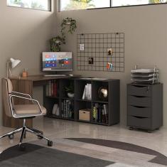 Mesa de Escritório em L Nero com Gaveteiro Bit 4 GV Ipê e Preta