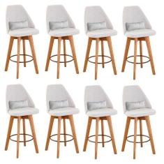 Kit 08 Banquetas Alta Maya Giratória Com Encosto Gourmet Linho Bege e Almofada Suede Branco - Aurora Line
