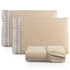 Jogo De Lençol King 3 Peças Basic Percal 180 Fios Lese Bordado Inglês - Cáqui