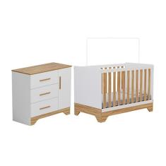 Quarto De Bebê Cômoda 1 Porta E Berço Minicama 100% Mdf Liam Espresso Móveis Branco Brilho amêndoa