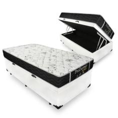 Cama Box Baú Solteiro 88 Tecido Sintético Branco com Colchão De Molas - Probel Sleep Black