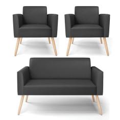 Sofá Namoradeira Com 2 Poltronas Pés Palito Natural Marisa Corino Preto D03 - D`rossi