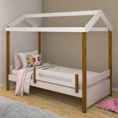 Cama Solteiro Casinha Montessoriana Eliz com Grade de Proteção Branco/