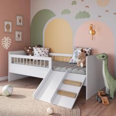 Cama Montessoriana de Solteiro com Escada e Escorrega Linha Affetto Branca