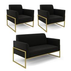 Sofá Namoradeira com 2 Poltronas Base Industrial Alta Dourado Marisa Suede Preto D03 - D?Rossi