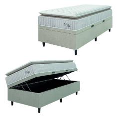 Cama Box Baú Colchão Solteiro Molas Ensacadas City Pillow Top 88x188x64cm Branco / Bege Hellen - Suporta até 110kg por Pessoa