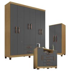 Guarda Roupa Casal Modena com Cômoda Madri e Armário Multiuso Recife Carvalho Americano Grafite - Incorplac