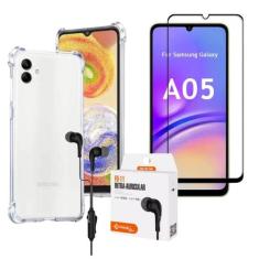Kit para Galaxy A05 - Capa Transparente + Pelicula 3D + Fone com fio p