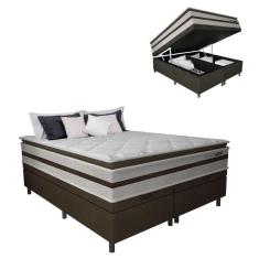 Cama Box Baú Casal King Gazin Colchão Molas Ensacadas Pillow Top Love Story 193x203x71cm Branco/Marrom