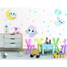 Adesivo De Parede Infantil Elefantes Babys Nuvem Estrelas - Colakoala 