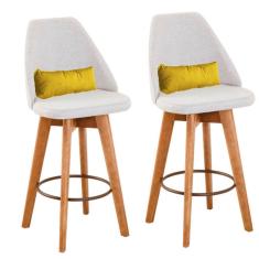 Kit 02 Banquetas Linho Bege E Almofada Amarelo