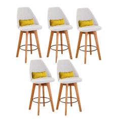 Kit 05 Banquetas Linho Bege E Almofada Suede Amarelo