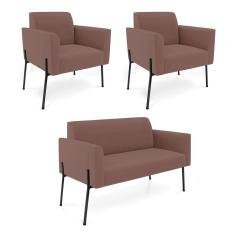 Sofá Namoradeira 2 Poltronas Pé De Ferro Preto Marisa Veludo D03 - D'rossi Cor Rose