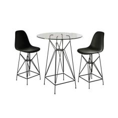 Jogo Mesa Bistrô Eames Vidro 60Cm 2 Banquetas Preta Base Ferro Preto -