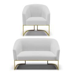 Sofá Namoradeira e Poltrona Industrial Dourado Stella Linho Cinza D03 - D'Rossi