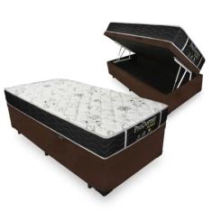 Cama Box Baú Solteiro 88 Tecido Sintético Marrom com Colchão De Molas - Probel Sleep Black
