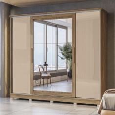 Guarda Roupa com Espelho e Pés 4 Portas Correr 4 Gavetas Kappesberg Nogueira/Macadamia