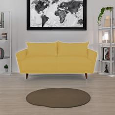 Sofá 3 Lugares Veludo Amarelo Pietro Base em Madeira Maciça