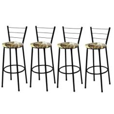 Kit 4 Banquetas Alta Preta com Assento Floral Marrom Fortmix