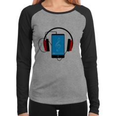 Baby Look Raglan Headphone Smartphone Manga Longa - Foca na Moda, Cinz