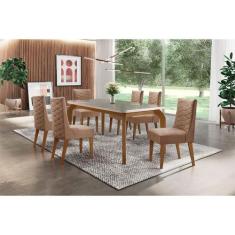 Sala De Jantar Liz 180 Tampo MDF Com Vidro Canto Reto 6 Cadeiras Safir