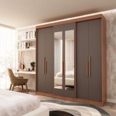 Guarda Roupa Casal 6 Portas Lugano com Espelho Carvalho Vermontt/Cinza