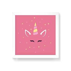 Arte Maníacos Quadro Decorativo Unicórinio Rosto Rosa - 50x50cm (Moldura em laca branca)