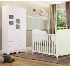 Quarto de Bebê com Guarda Roupa 1 Porta com Janela e Berço 100% MDF Uli  Móveis Peroba Branco Brilho