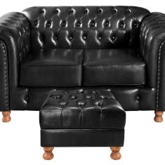 Sofá 2 Lugares Com Puff Luis XV Decoração Sala Recepção Retrô Preto