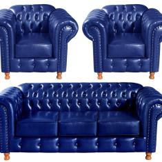 Conjunto De Sofá 3 Lugares E 2 Poltronas Chesterfield Luís Xv Azul