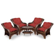 Conjunto De Poltronas Fibra Sintética Melo - 4 Poltronas + 1 Mesa Centro - Tecido Duna Vermelho