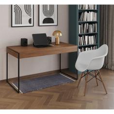 Escrivaninha Home Office Estilo Industrial Amêndoa 137X53Cm Ferro Preto Com 1 Poltrona Branca